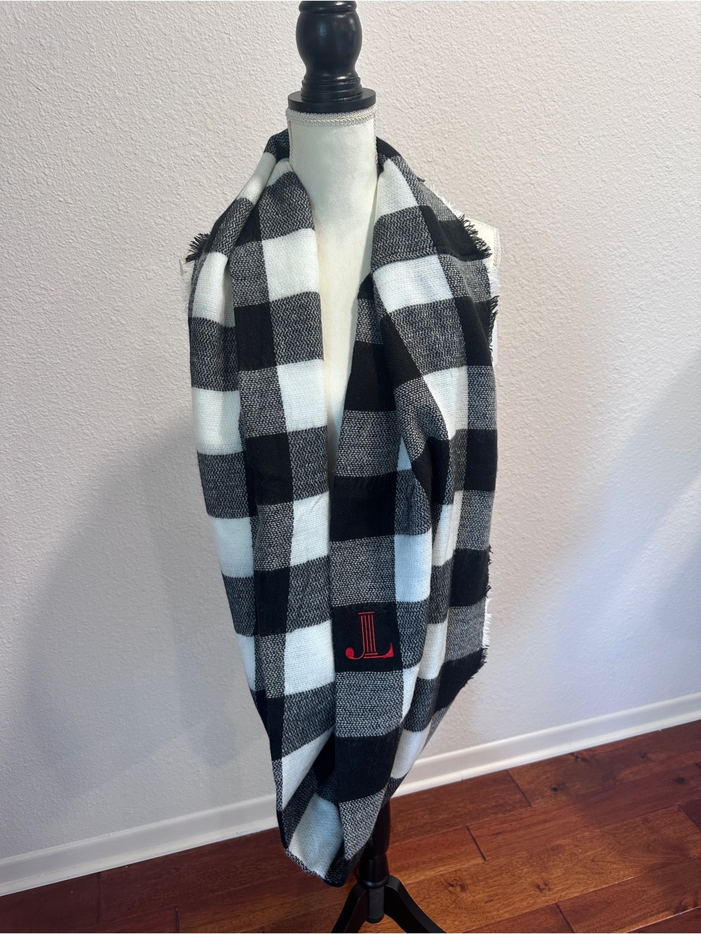Monogrammed Junior League Black & White Buffalo Check Infinity Scarf